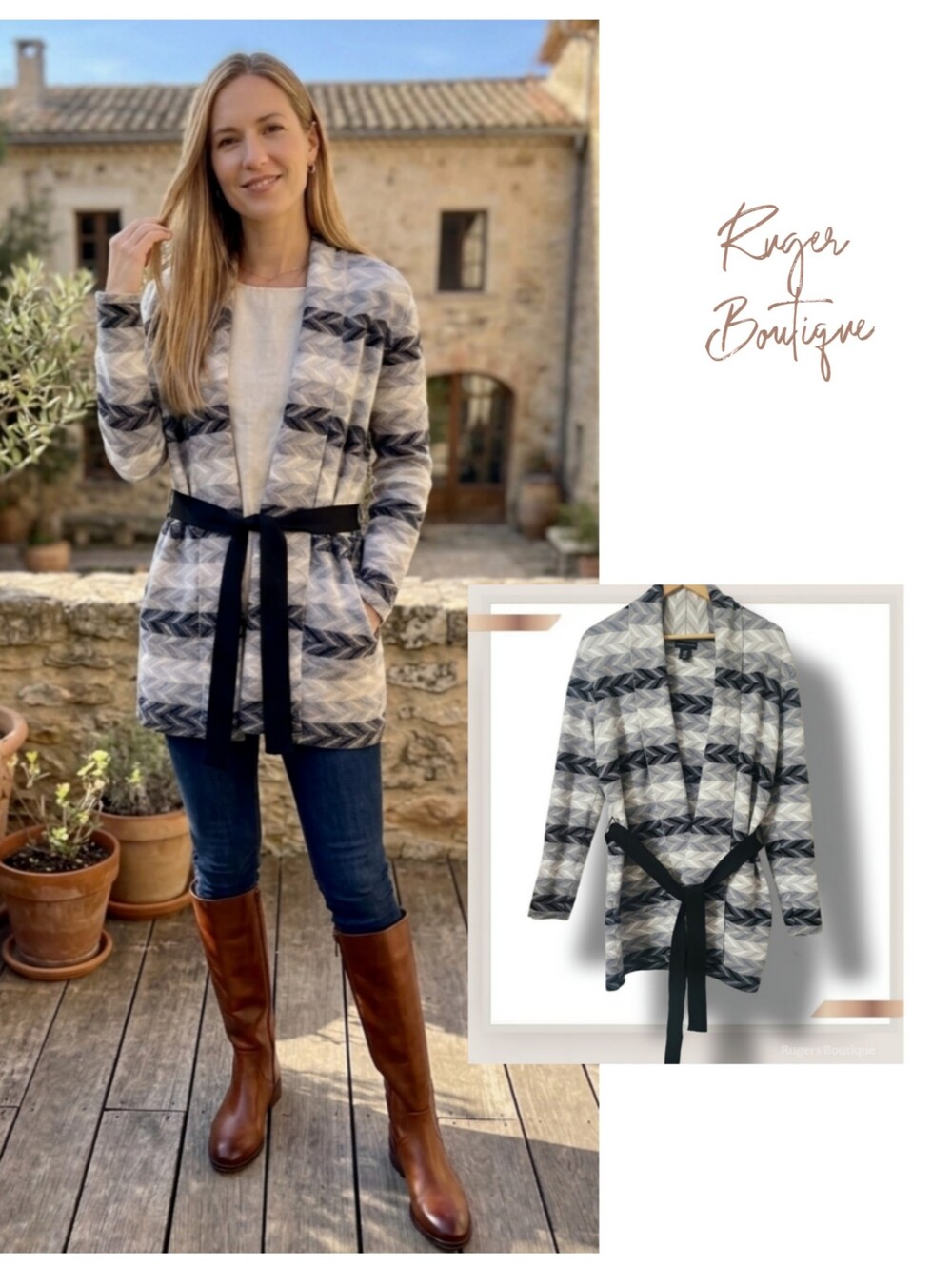🌿Adrienne Vittadini Women's Medium Gray Black Striped Chevron Cardigan